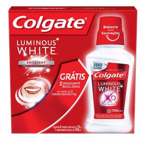 Kit Colgate Luminous White Brilliant Mint com 3 pastas de dente de 70g + 1 enxaguante bucal de 250ml